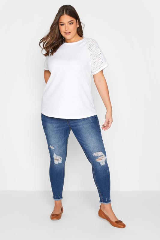 YOURS Plus Size White Broderie Anglaise Raglan T-Shirt | Yours Clothing 2