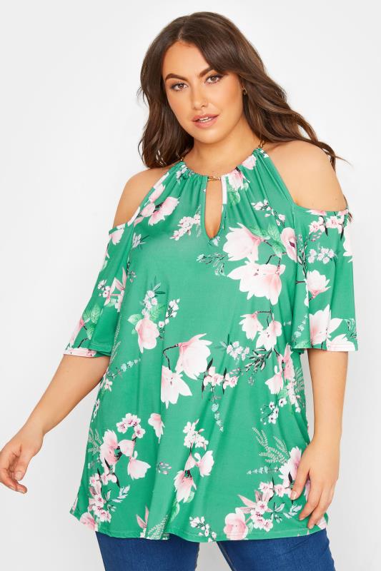 YOURS LONDON Curve Green Floral Print Chain Neckline Cold Shoulder Top_A.jpg