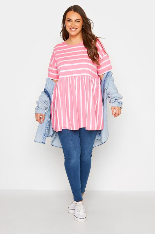 Plus Size Pink Stripe Peplum Drop Shoulder Top | Yours Clothing  2