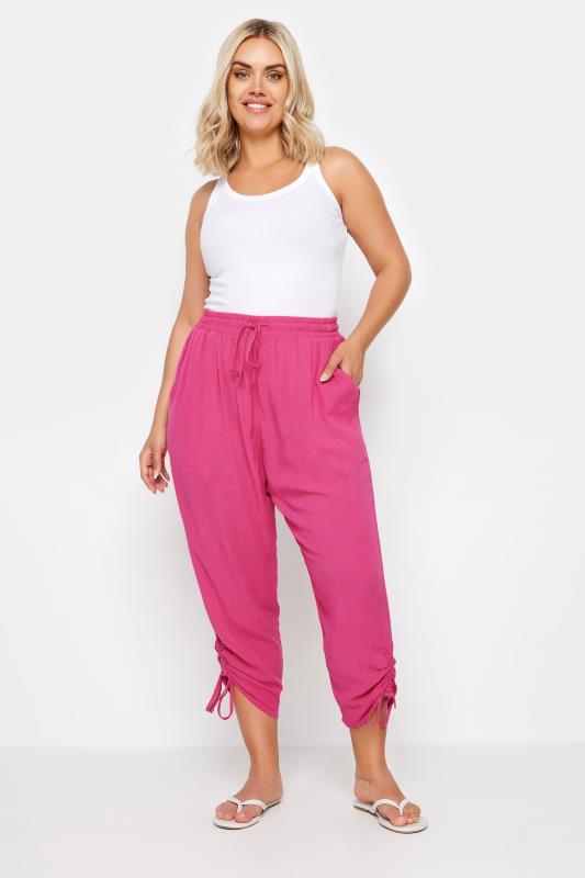 YOURS Plus Size Pink Crinkle Ruched Cropped Trousers | Yours Clothing 2