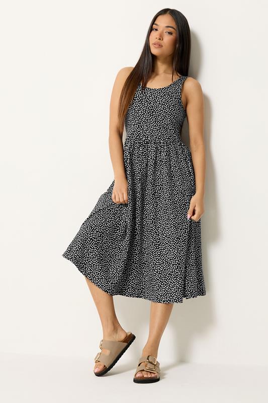 M&Co Petite Black Spot Print Sleeveless Cotton Midi Dress | M&Co 1