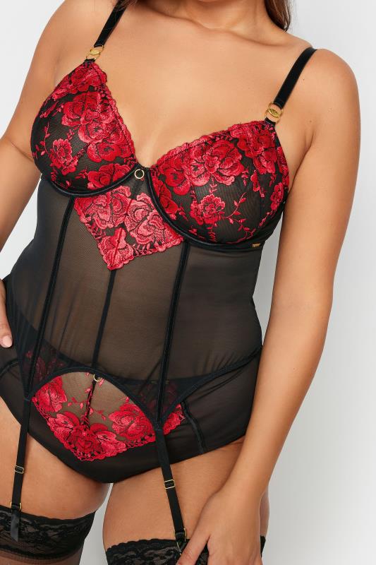 YOURS Plus Size Red & Black Embroidered Satin Basque | Yours Clothing 5