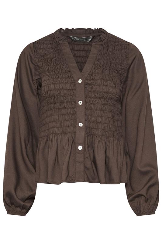PixieGirl Petite Women's Chocolate Brown Shirred Long Sleeve Shirt | PixieGirl 5