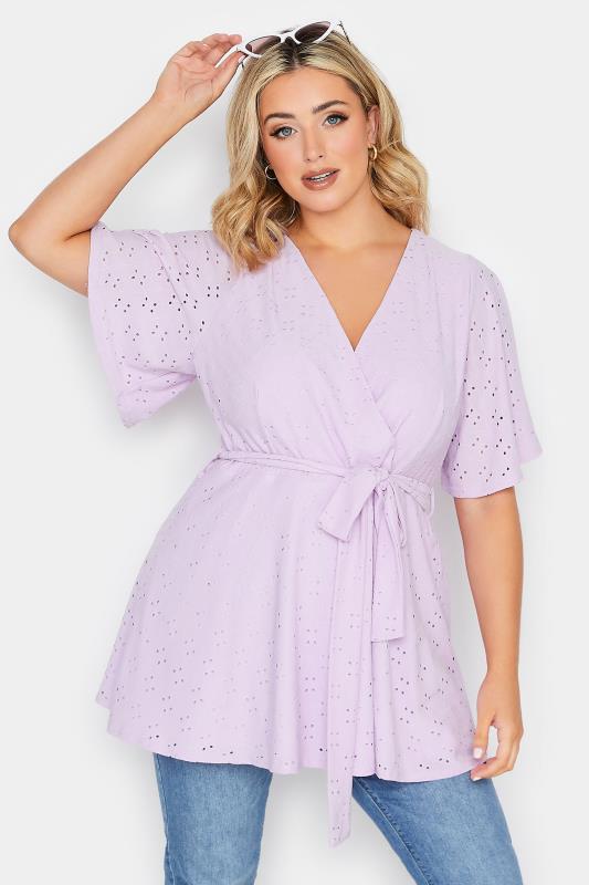 YOURS Curve Plus Size Lilac Purple V-Neck Broderie Anglaise Wrap Top | Yours Clothing  1