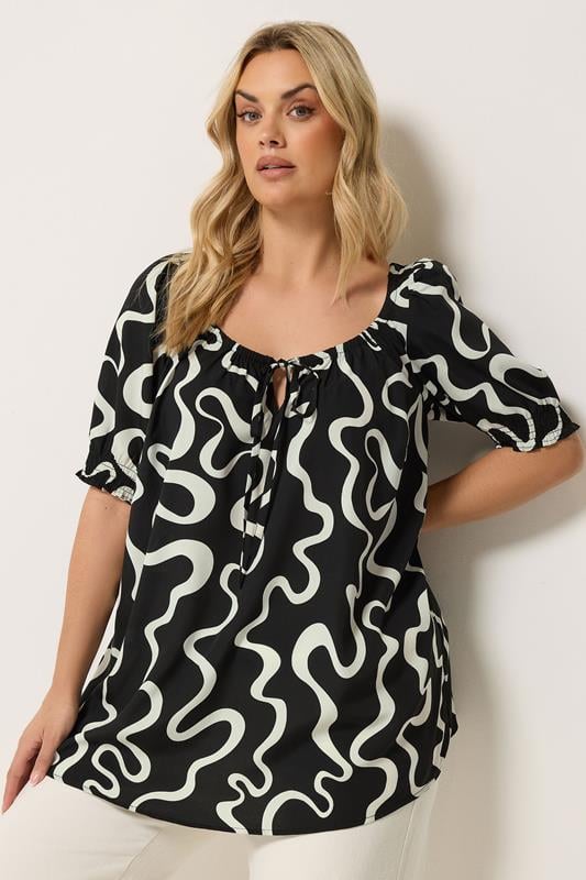  YOURS zwarte blouse met abstracte print en strik aan de voorkant