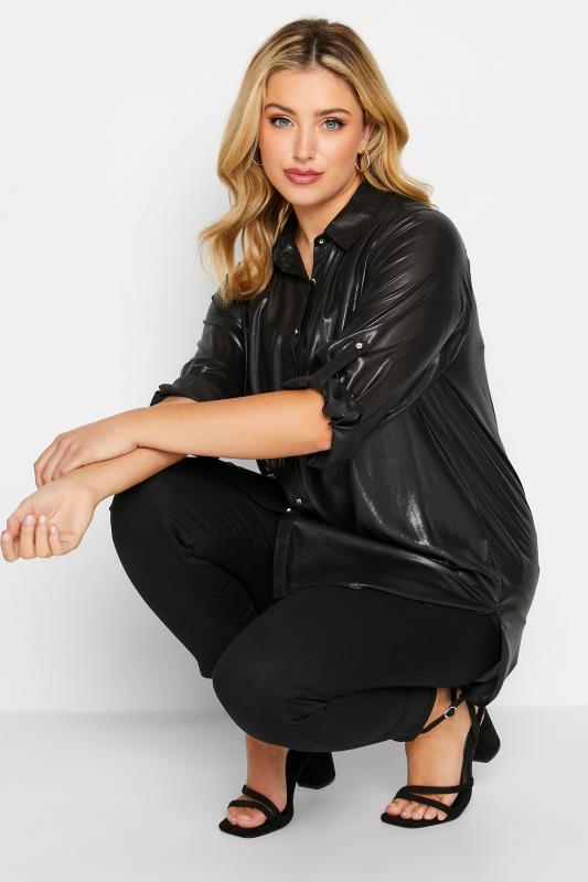 Plus Size Black Shimmer Button Through Shirt | Yours Clothing 4