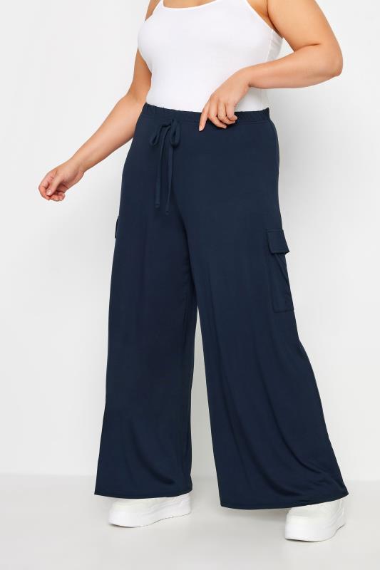 YOURS Plus Size Navy Blue Jersey Wide Leg Cargo Trousers | Yours Clothing 1