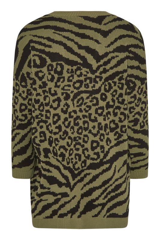 Plus Size Curve Khaki Green Animal Knitted Cardigan | Yours Clothing 7