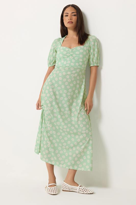 PixieGirl Petite Sage Green Floral Ruched Midi Dress