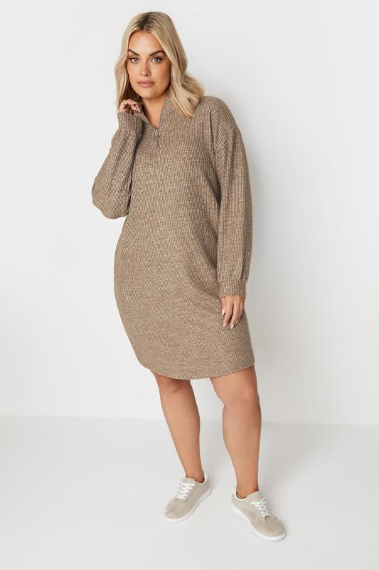YOURS Plus Size Brown Soft Touch Zip Neck Jumper Dress | Yours Clothing 2
