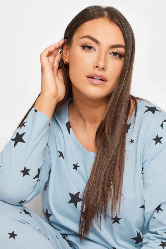 YOURS Plus Size Light Blue Star Print Tapered Pyjama Set | Yours Clothing 4