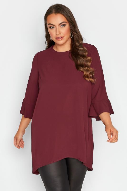 YOURS LONDON Curve Burgundy Red Flute Sleeve Tunic Top 1