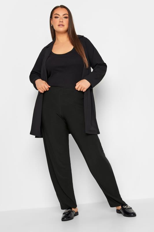 Plus Size Black Pull On Wide Leg Trousers | Yours Clothing 2