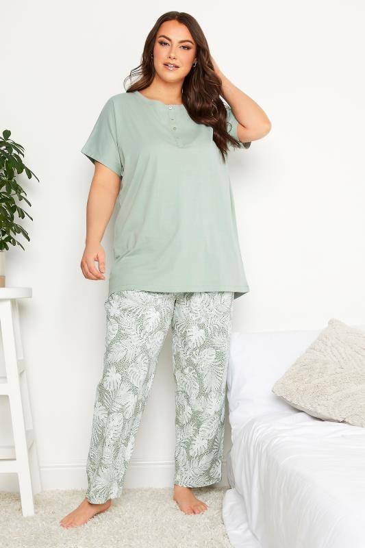YOURS Curve Plus Size Green Leaf Print Pyjama Set | Yours Clothing  2