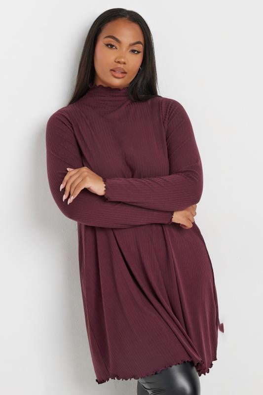 YOURS Curve Burgundy Red Lettuce Edge Tunic Dress | Yours Clothing 1