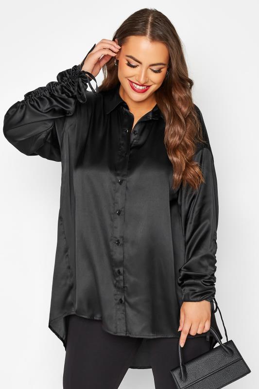 Großen Größen  LIMITED COLLECTION Curve Black Ruched Sleeve Satin Shirt