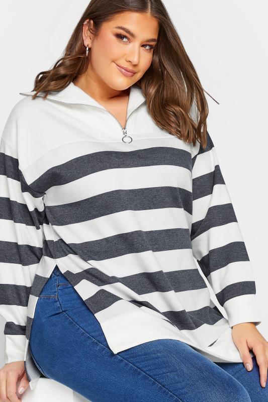 YOURS Plus Size White & Blue Stripe Quarter Zip Jumper | Yours Clothing 4