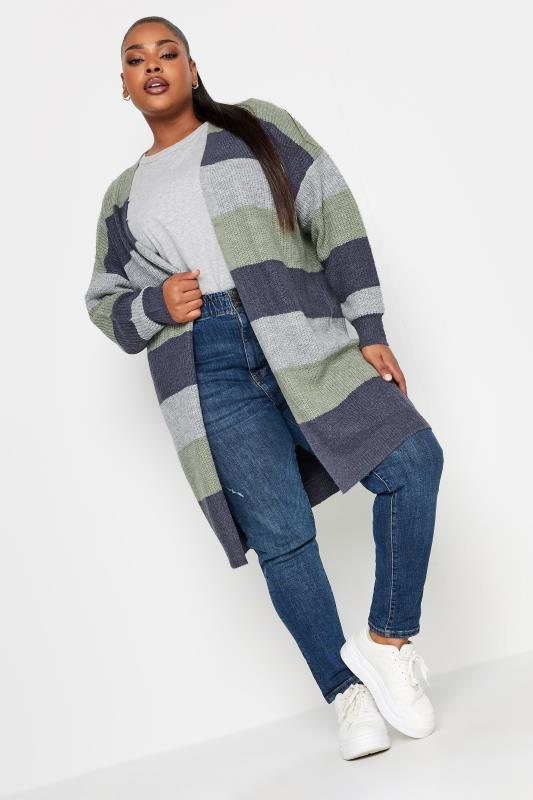 YOURS Plus Size Navy Blue Stripe Knitted Longline Cardigan | Yours Clothing 2