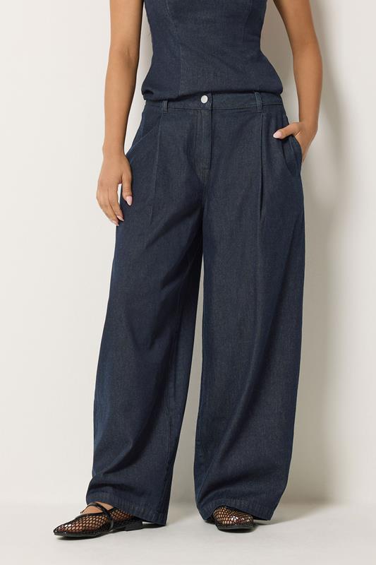 PixieGirl Petite Women's Dark Blue Pleated Wide Leg Jeans | PixieGirl  1