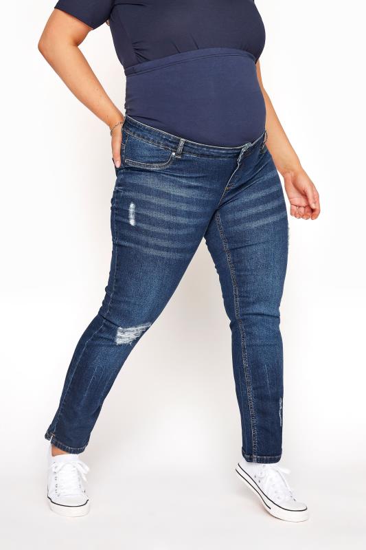 BUMP IT UP MATERNITY Curve Blue Distressed Straight Leg Jeans With Comfort Panel 1
