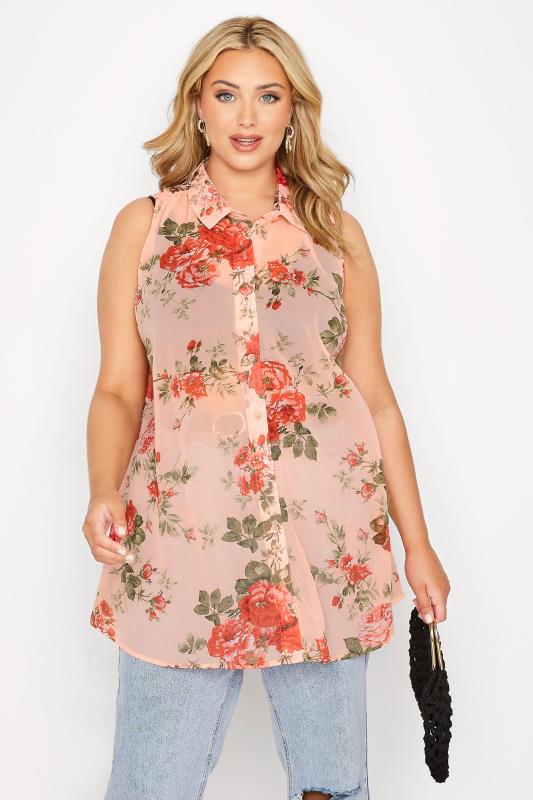 Curve Pink Floral Sleeveless Swing Blouse 1