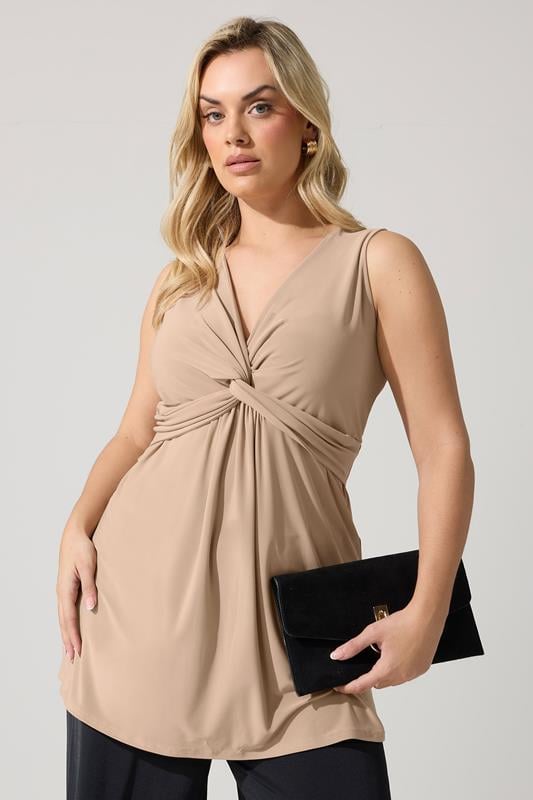  YOURS LONDON top sin mangas con nudo en la parte delantera color camel