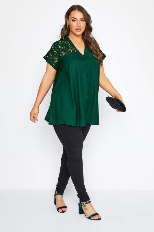 LIMITED COLLECTION Curve Forest Green Lace Insert Blouse 2
