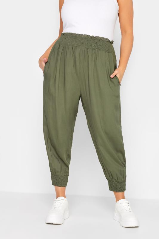 YOURS Curve Khaki Green Shirred Waist Cropped Harem Trousers | Yours Clothing 1