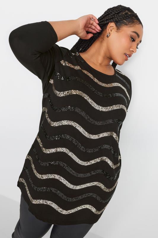 YOURS Plus Size Black & Gold Sequin Embellished Stripe Top | Yours Clothing 4