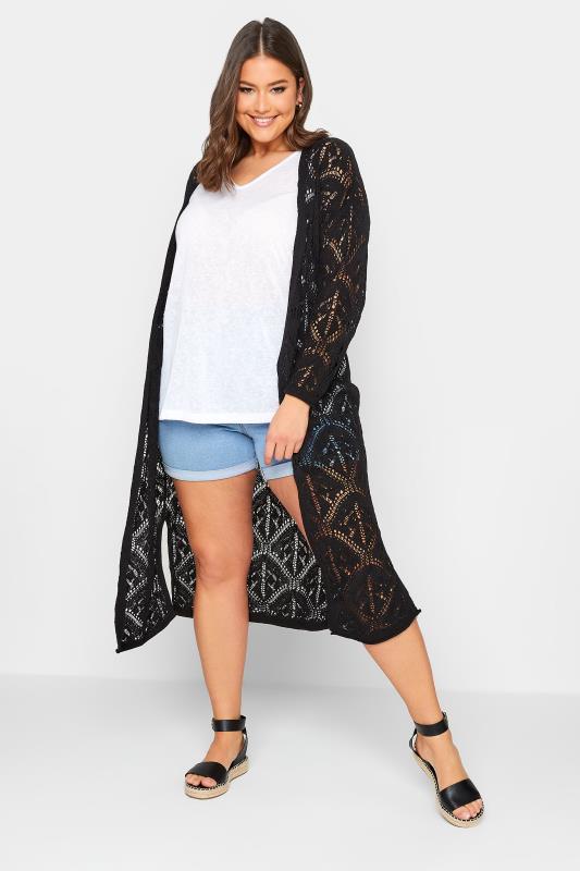 YOURS Plus Size Black Crochet Maxi Cardigan | Yours Clothing 1