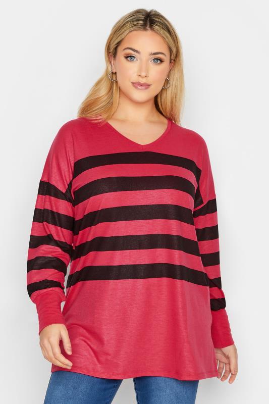 YOURS LUXURY Curve Pink Stripe V-Neck Top | Yours Clothing 1