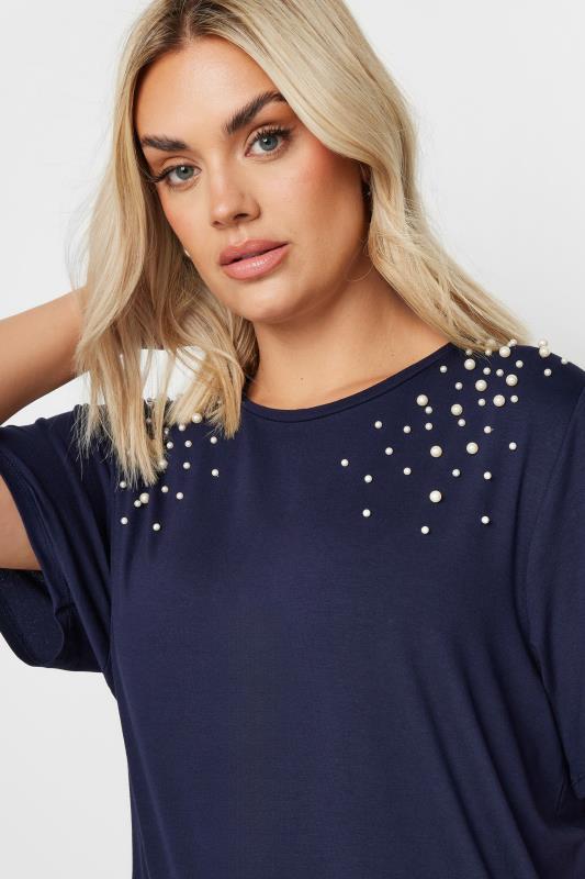 YOURS Plus Size Navy Blue Pearl Detail T-Shirt | Yours Clothing 4