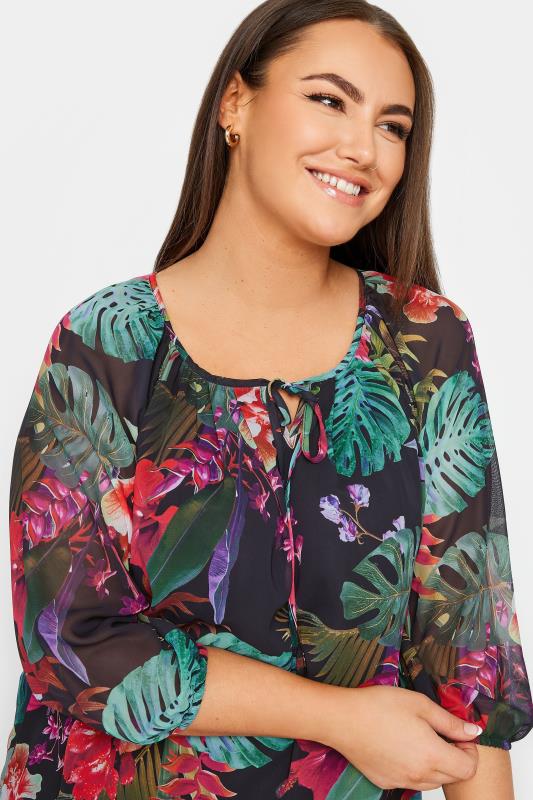 YOURS Plus Size Black Tropical Print Tie Neck Blouse | Yours Clothing 4