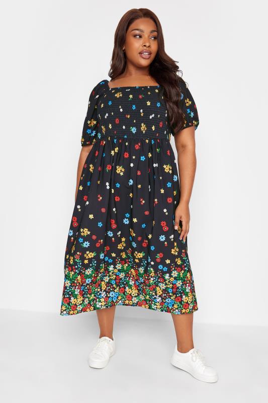 LIMITED COLLECTION Plus Size Black Floral Border Print Shirred Midi Dress | Yours Clothing 2