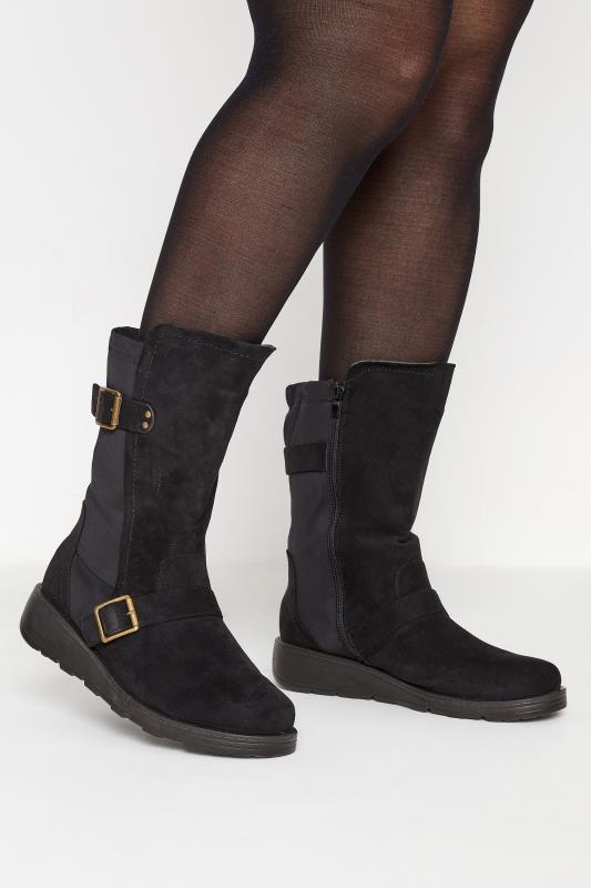 Black Faux Suede Wedge Buckle Boots In Extra Wide EEE Fit_A.jpg