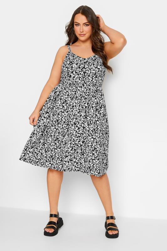 YOURS Plus Size Black Ditsy Floral Strappy Sundress | Yours Clothing 2