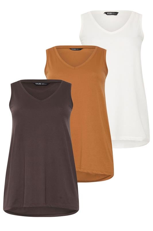 YOURS 3 PACK Plus Size Chocolate Brown & Rust Orange V-Neck Vest Tops | Yours Clothing 9