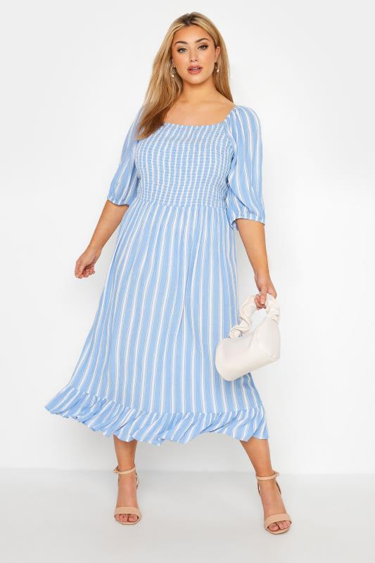 YOURS LONDON Curve Blue Stripe Puff Sleeve Maxi Dress_B.jpg
