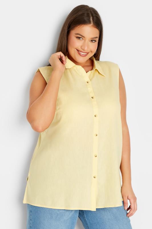 LTS Tall Women's Yellow Sleeveless Linen Blend Shirt | Long Tall Sally  1
