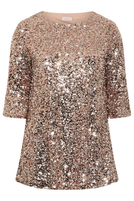 YOURS LONDON Plus Size Nude Pink Sequin Embellished Flute Sleeve Top | Yours Clothing 6