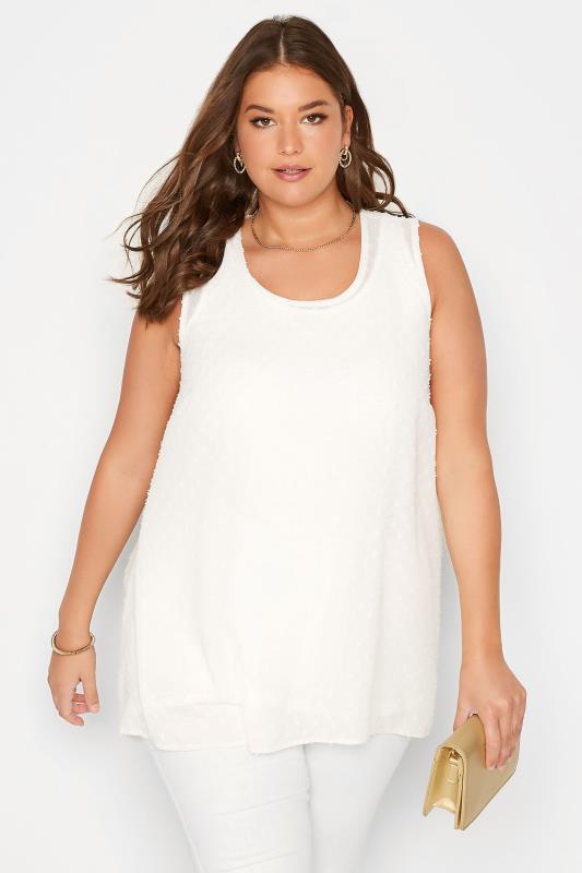 Plus Size White Dobby Dipped Hem Vest Top | Yours Clothing 1