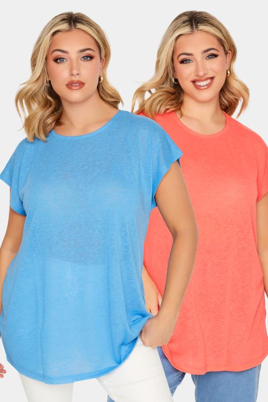 YOURS Curve Plus Size 2 PACK Blue & Pink Linen Look T-Shirt | Yours Clothing  1