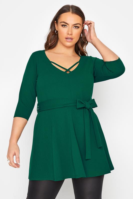  Tallas Grandes YOURS LONDON Forest Green Cross Front Peplum Top