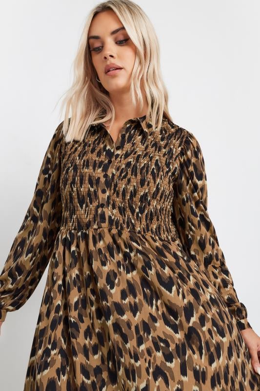 YOURS Plus Size Brown Leopard Print Shirred Midaxi Dress | Yours Clothing 5