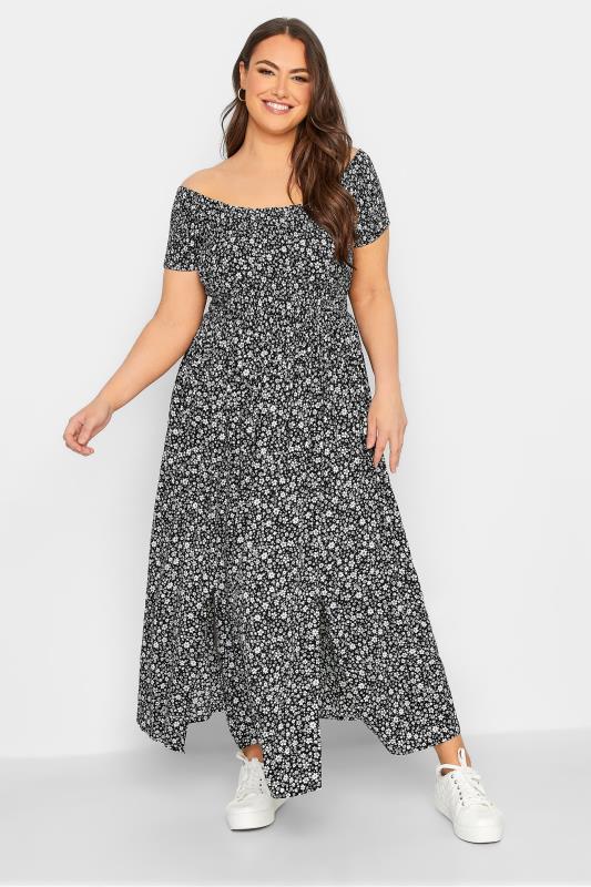 Plus Size Black Floral Shirred Bardot Maxi Dress | Yours Clothing 2