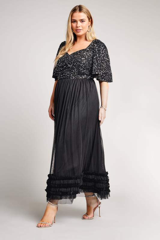 LUXE Plus Size Curve Black Sequin Sweetheart Ruffle Maxi Dress | Yours Clothing  3