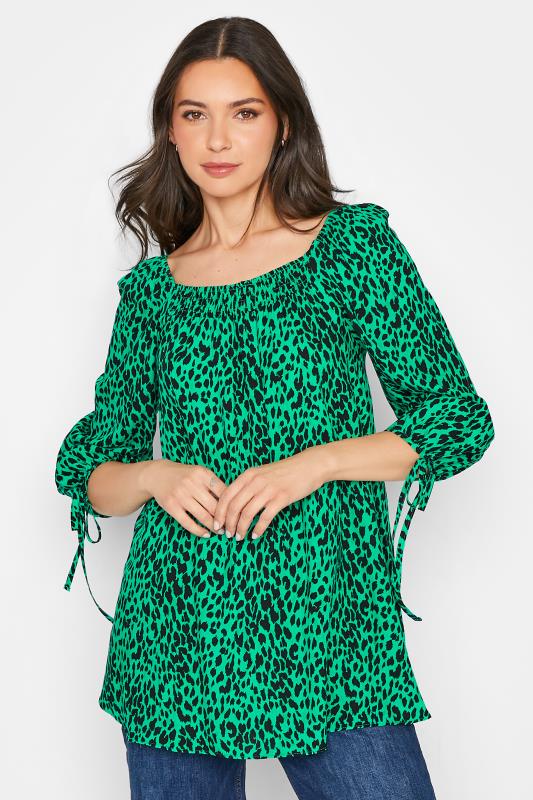 LTS Tall Green Leopard Print Shirred Top_A.jpg