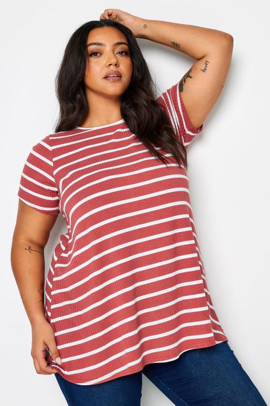  YOURS Curve Red Stripe Ribbed Swing T-Shirt