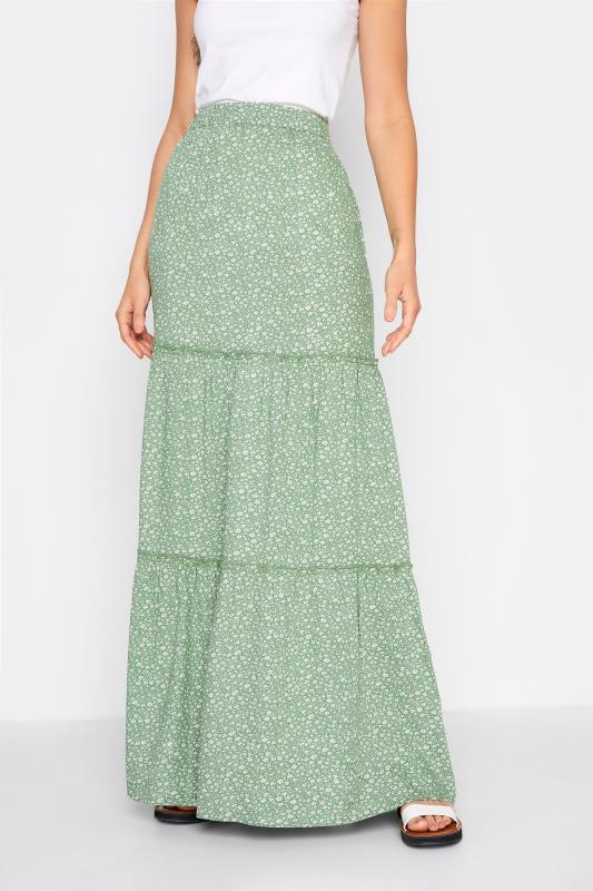 Tall  LTS Tall Green Floral Tiered Maxi Skirt