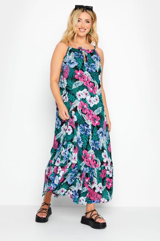 YOURS Curve Plus Size BlackTropical Print Maxi Beach Dress | Yours Clothing 1